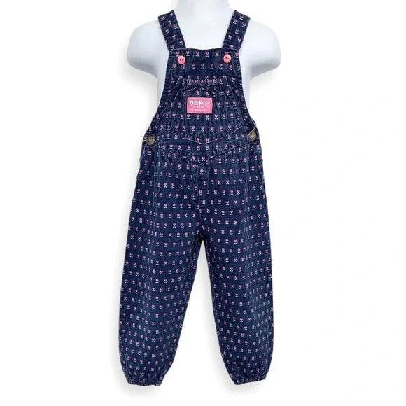 OshKosh B'Gosh Vintage Vestbak Overalls Floral Denim Blue Size 3T Union Made USA - Picture 2 of 11